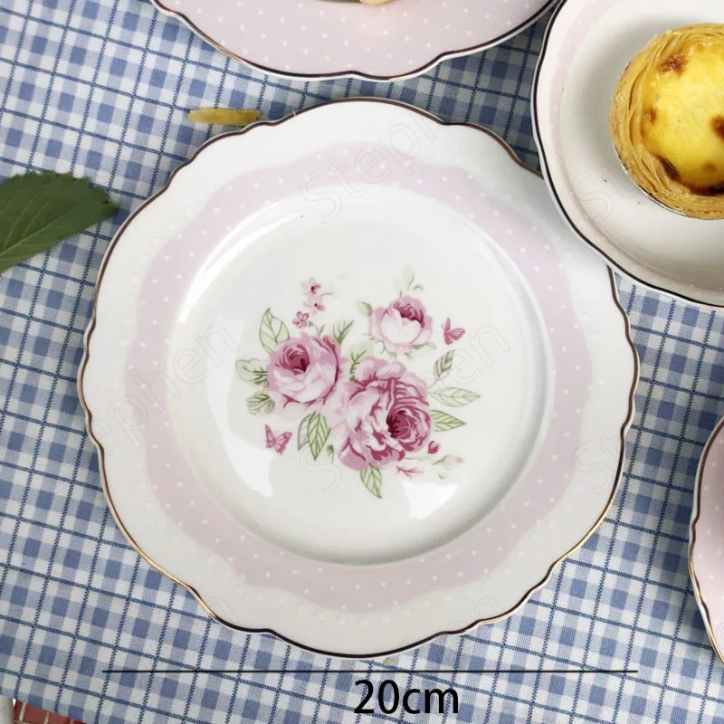 Gold Border Bone China Dinner Plate American Pastoral Irregular Flower Decorative Cake Dessert Plate Afternoon Tea Tableware