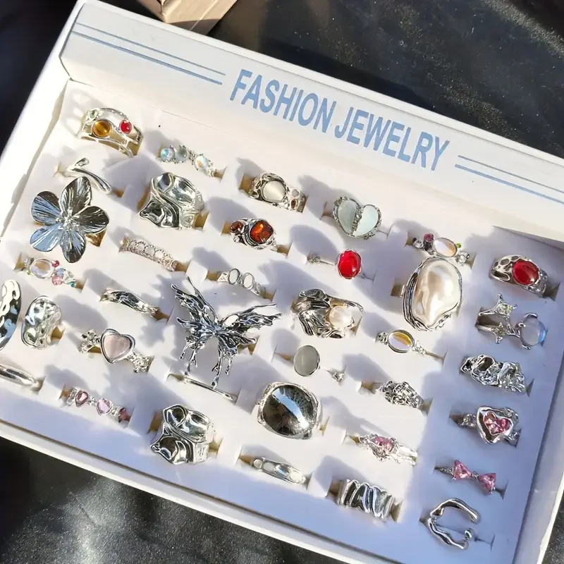 10/20/30Pieces Fashion Imitation Pearl Flower Open Rings Set For Women Mix Style Colorful Rhinestone Finger Jewelry image 5