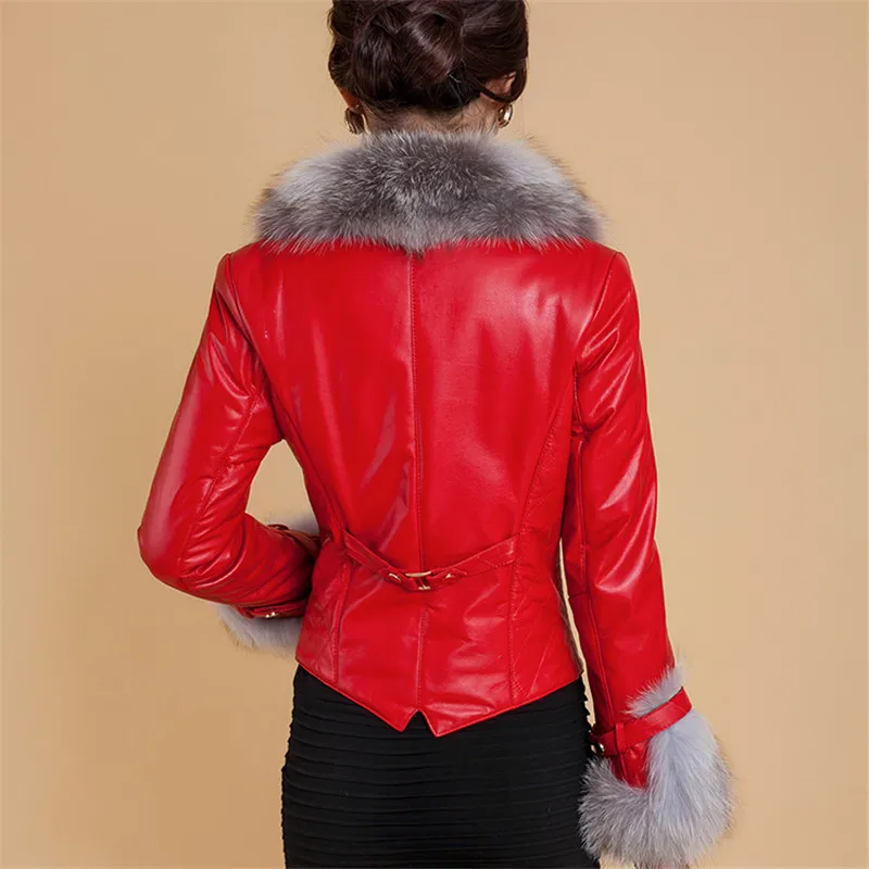 New Winter Leather Jacket Women Coat Faux Fox Fur Collar Short Coat PU Leather Female Jacket Elegant Motorcycle Zipper Outerwear