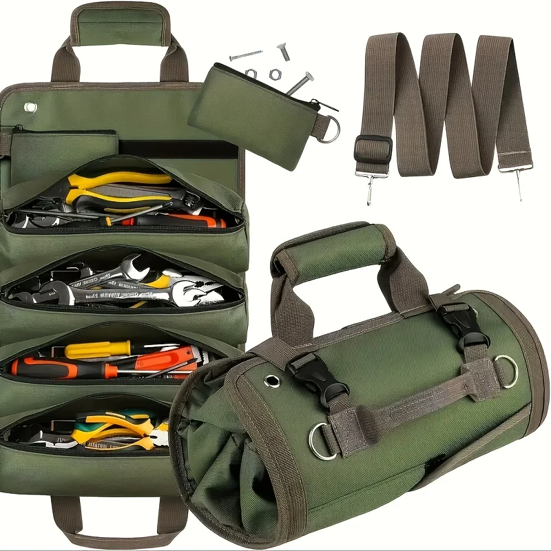Oxford fabric heavy-duty tool roll bag - large capacity foldable tool organizer with 5 fixed compartments to securely hold tools