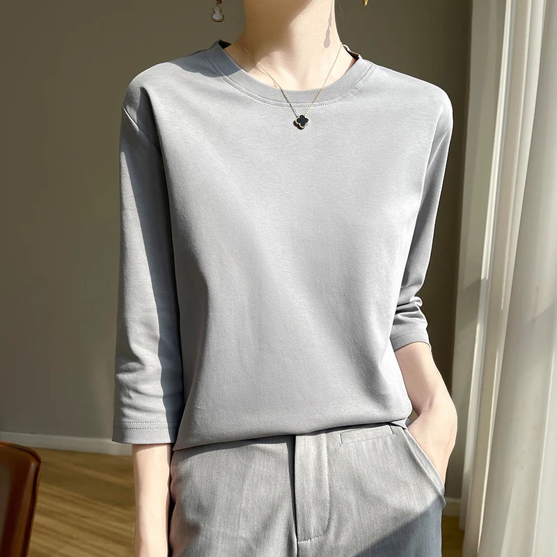 Summer Cotton Short-Sleeved T-Shirt Women's Round Neck Seven-Point Sleeves Loose Mercerized Cotton Half-Sleeve Shirt New T-shirt