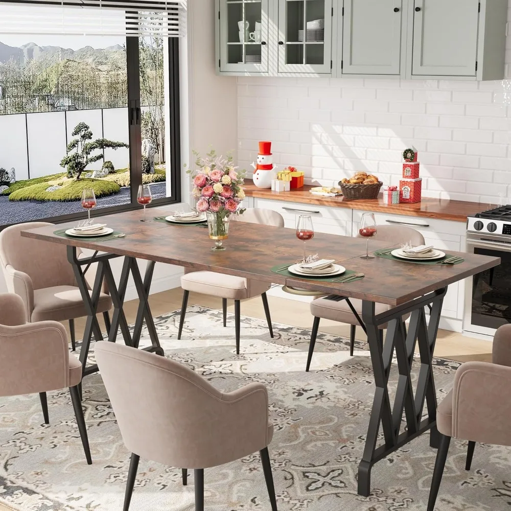 

Rectangular Dining Table, 70.9-Inch Long Dining Table for 6 People, Farmhouse Rustic Kitchen Table with Heavy Duty Metal Legs f
