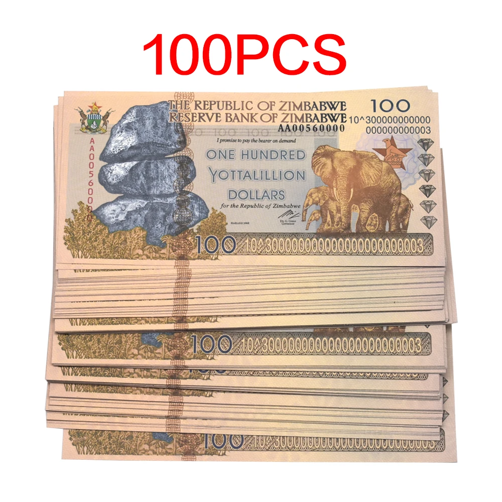 

100pcs Zimbabwe One Hundred Yottalillion Dollars Commemorative Banknotes with Serial Number Uncurrency Paper Money Souvenirs