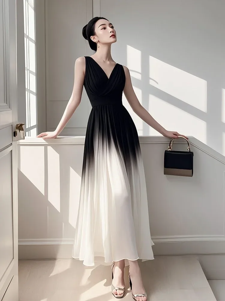 Hot sale 33 non-collision style black and white gradient sleeveless dress female unique beautiful temperament chiffon long skirt