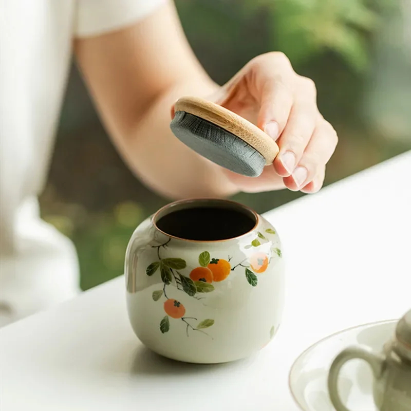 Chinese Ceramic Tea Caddy Hand-painted Persimmon Tea Jar Travel Tea Bag Storage Box Sealed Container Storage Tank Teaware