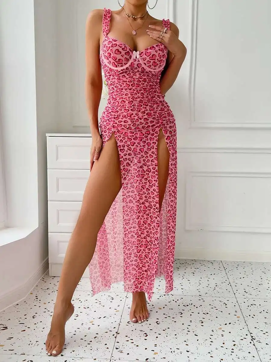 

Sexy Home Camisole Skirt Pink Heart-shaped Long Dress Elegant Charming Beautiful Comfortable Sweet Deep V Heart Print Dress 8XWH