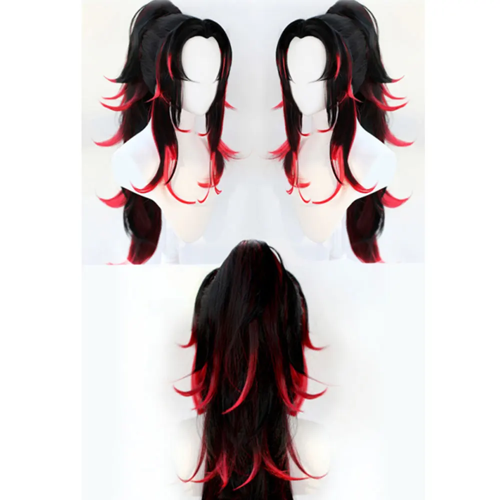 

HAIRJOY Synthetic Hair KNY Kokushibo Long Straight Ponytail Red Black Cosplay Wig Party Wigs Halloween Wigs