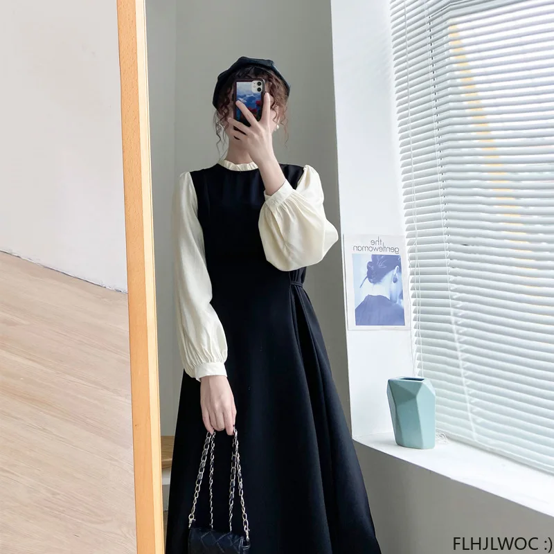 

2023 Autumn Chic Korea Fashion Women Temperament Office Lady Elegant Black Work Basic Wear Ruffles Vintage Shirt Dress