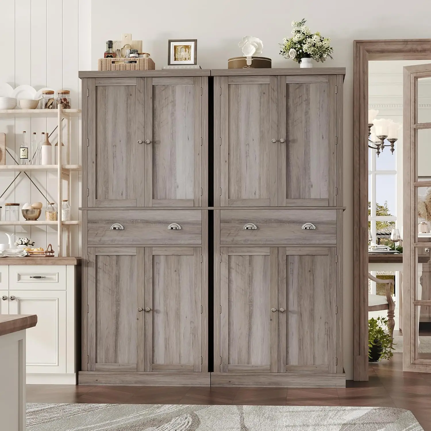 

Kitchen Pantry Cabinet, Storage Cabinet with 4 Doors and 1 Drawer, Freestanding Cupboard with 6 Hanging Shelves