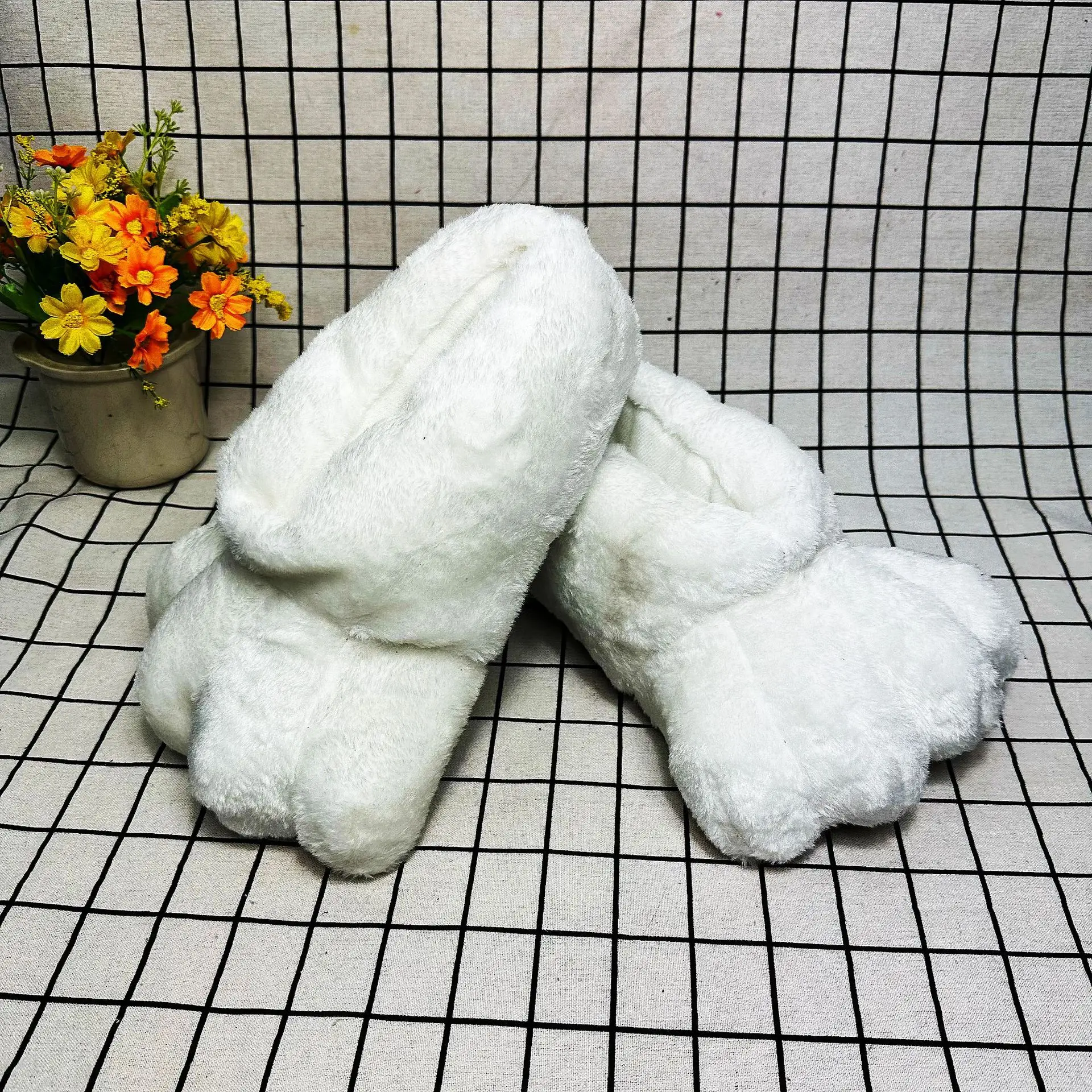 Pink fluffy rabbit paw slippers women home slip on shoes warm winters furry fur slides indoor floor comfort shoes