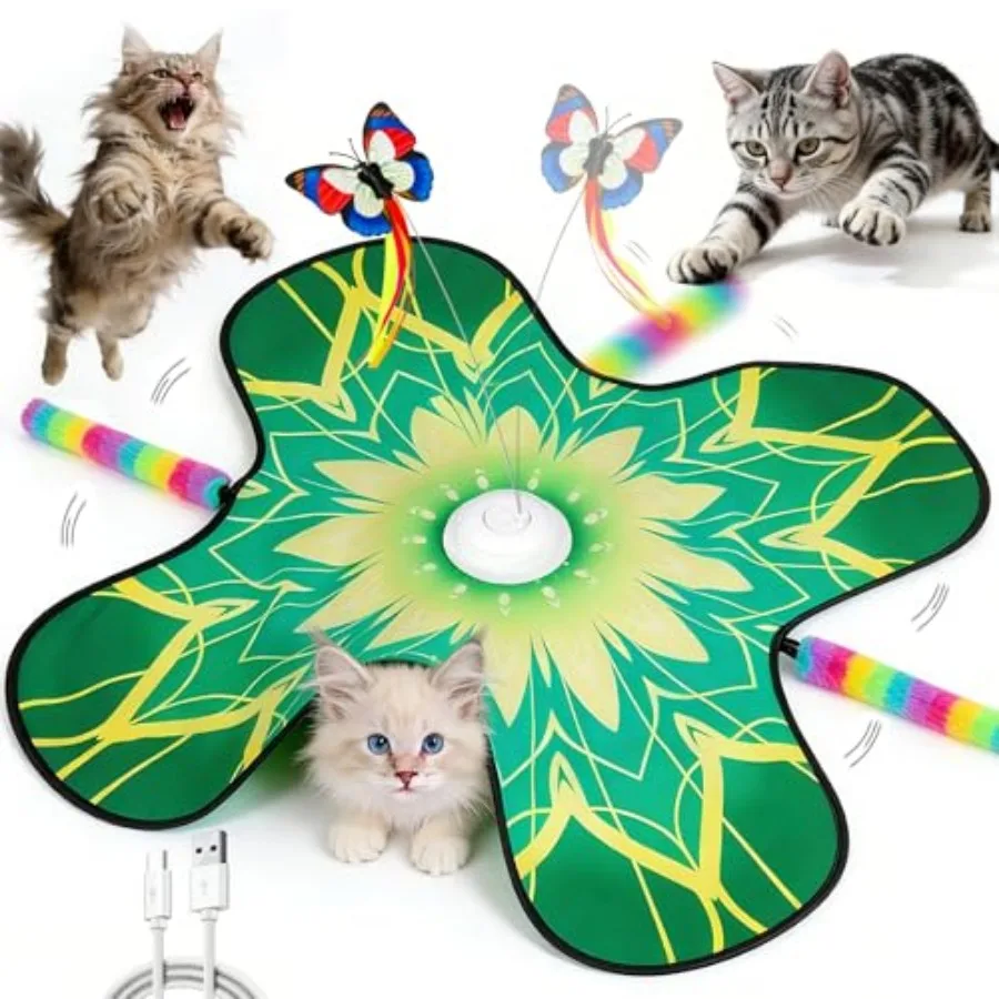 

Hide and Seek Cat Toy Mat, 3-in-1 Interactive Cat Toys for Indoor Cats with Fluttering Butterfly and Moving Concealed Feathers,