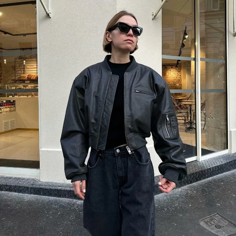 Vintage Zipper Motorcycle Leather Jacket for Women Trend Autumn New Loose Long-sleeved PU Leather Jacket Black High Quality Coat