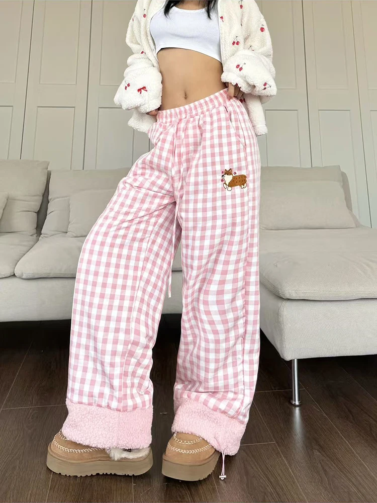 Winter Fleece Wide Leg Plaid Pants for Women Korean Cute Puppy Embroidery Loose Casual Pants Thick Warm Preppy Straight Trousers