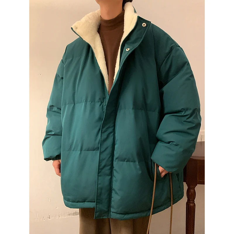 Áo Bông Tai Kẹp Ấm Bong Bóng Phối Áo Khoác Mùa Đông Cổ Áo Đứng Oversize Parkas Nam Phong Cách Hàn Quốc Lót Lông Hàn Quốc Nóc Áo