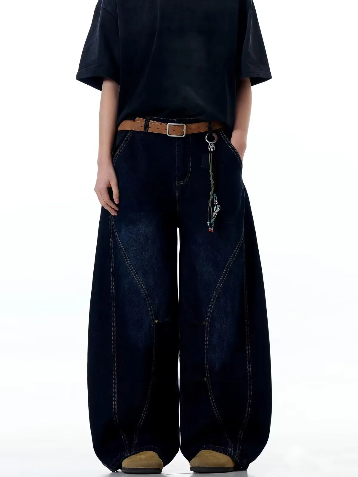 

Джинсы с американской талией в стиле ретро, мужские свободные широкие брюки, темно-синие модные брендовые повседневные прямые джинсы