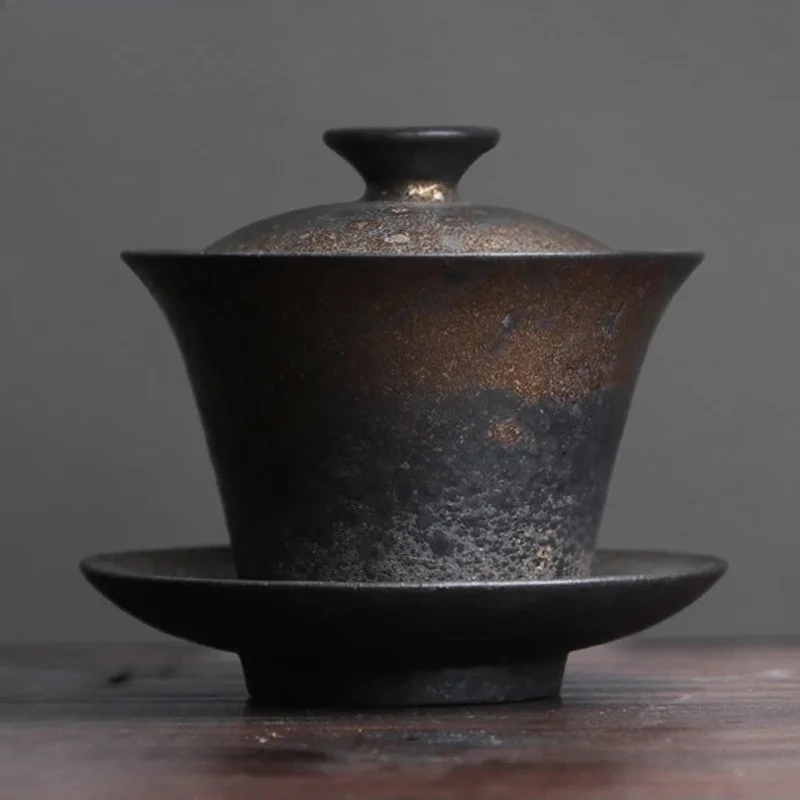 

Чайная чаша Гайвань 150 мл из фарфора с эффектом фамбе, черно-золотая, с рисунком Саньцай, бутик-серия, с защитой от ожогов, с крышкой, для приготовления чая, подарок для кафе