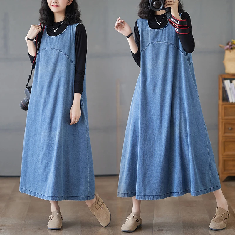 

Waed Denim Svel Long Dr round Ne Vintage Anti-Aging Color Large Size Women's Clothing Post Split Skirt