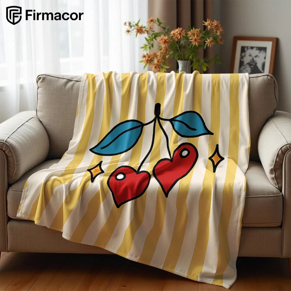 Yellow Stripe Heart Cherry Lightweight Microfiber Soft Christmas Fleece Blanket Warm Cozy Throw for Bed Sofa Travel All Season