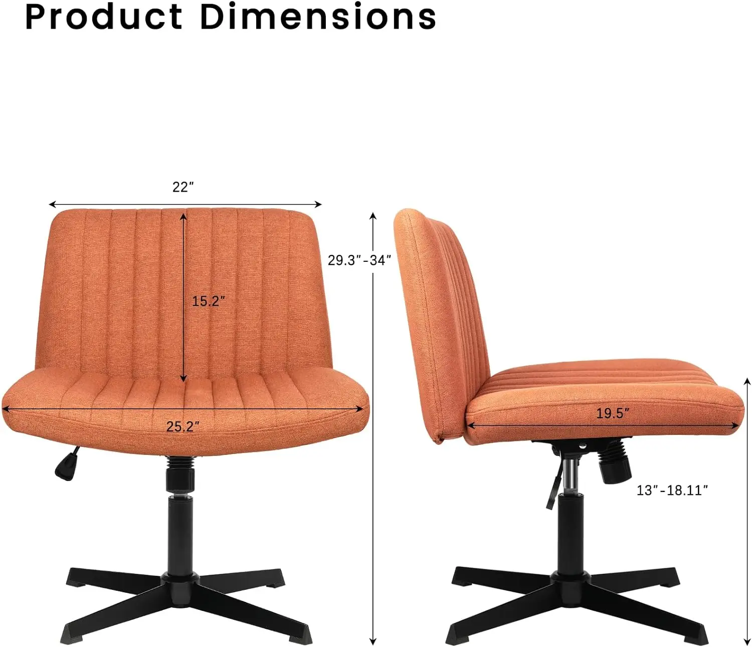 Armless office desk and chair, height adjustable center backrest, computer task dressing table, home office chair