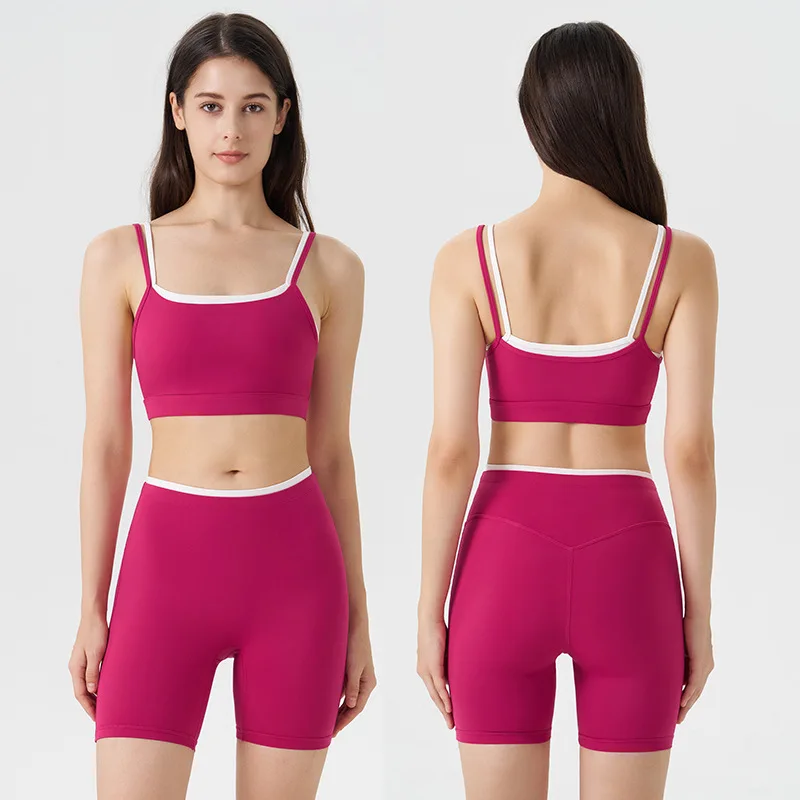 

Женский комплект для йоги с цветными блоками, искусственная бретелька из двух частей, красивая спина, облегающий бюстгальтер, комплект для занятий спортом на открытом воздухе, бег, фитнес-костюм