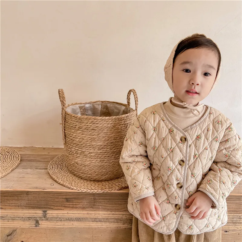 Winter New Korean Style Kids Clothes Floral Printed Baby Girls Quilting Coats Thicken Warm Children Cotton Padded Outerwear