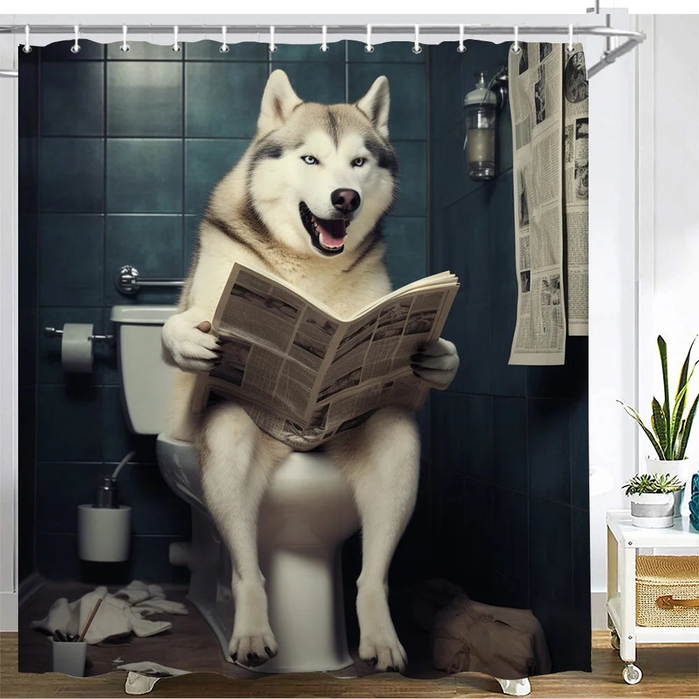 Humorous Funny Siberian Husky Sitting On Toilet Reading Newspaper In Bathroom Scene Bath curtain Soft Warm 