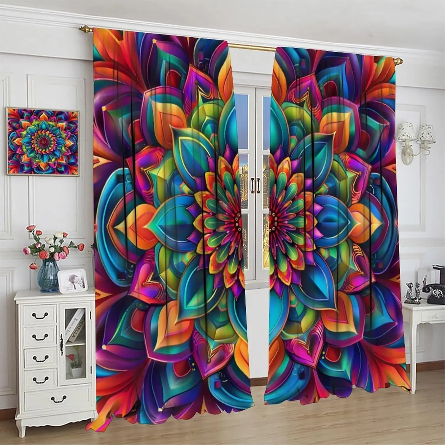 Abstract Mandala Flower Blackout Curtains, Fantasy Mandala Pattern Curtains Rod Pocket Thermal Insulated Window Drapes Bedroom