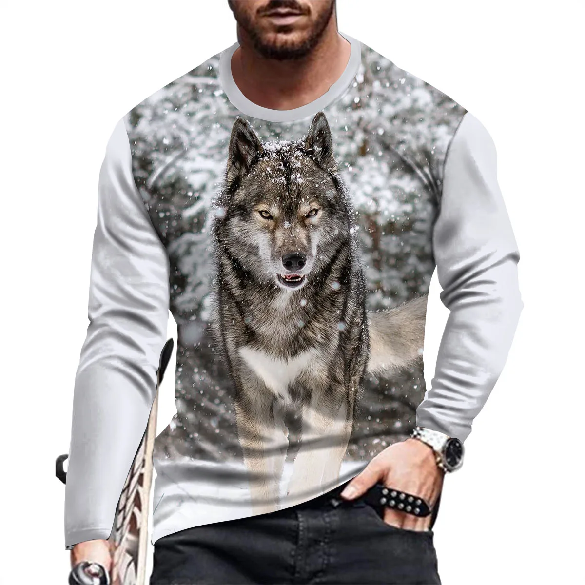 New Coyote Animal Print Summer Men\'s Round Neck T-shirt Casual Long Sleeve Oversized T-Shirt Fashion Pullover Trend Men Clothing