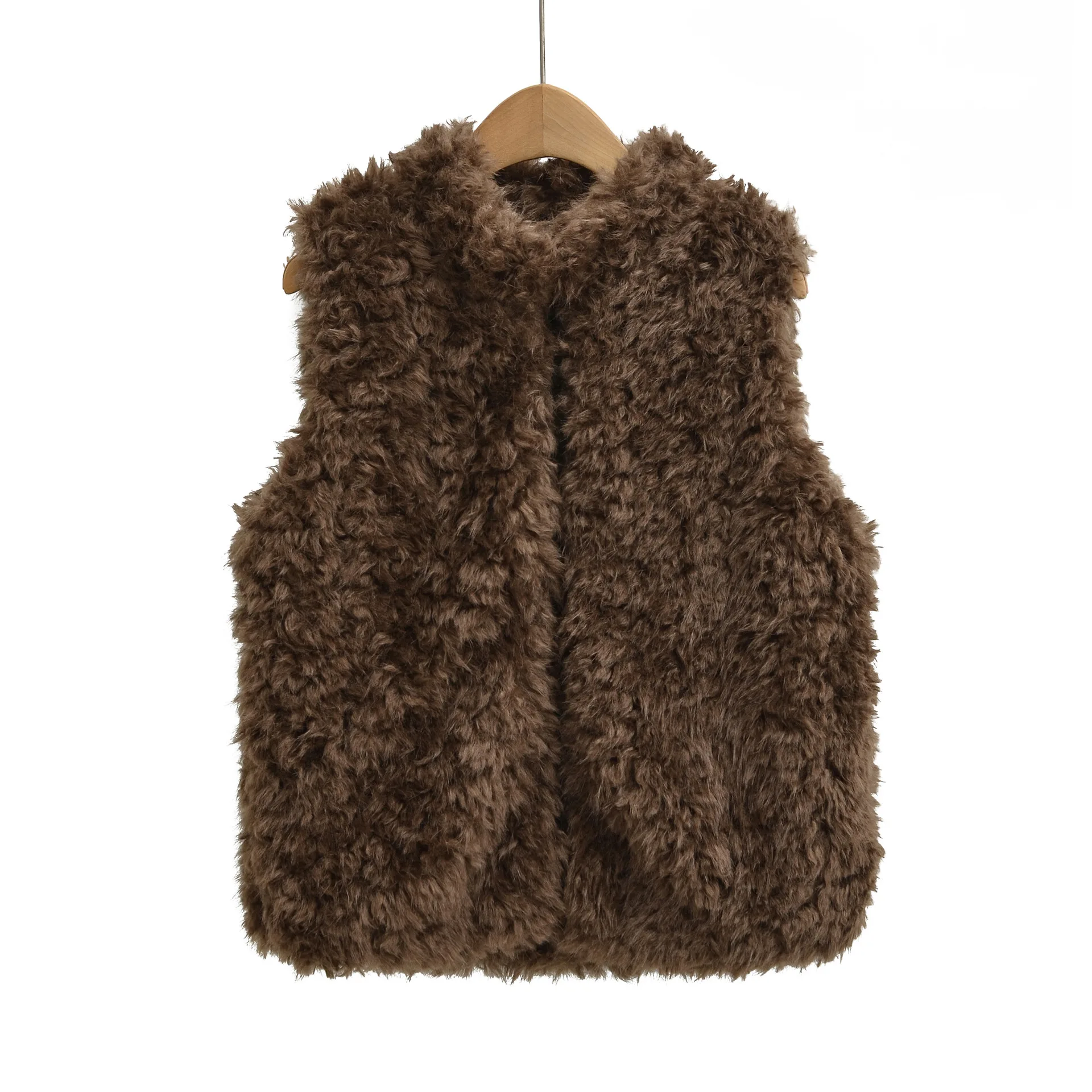 

Коричневый меховой жилет для женщин, мягкий плюшевый жилет с открытой передней частью, теплая стильная верхняя одежда для свитеров, повседневный модный жилет на каждый день F8HX