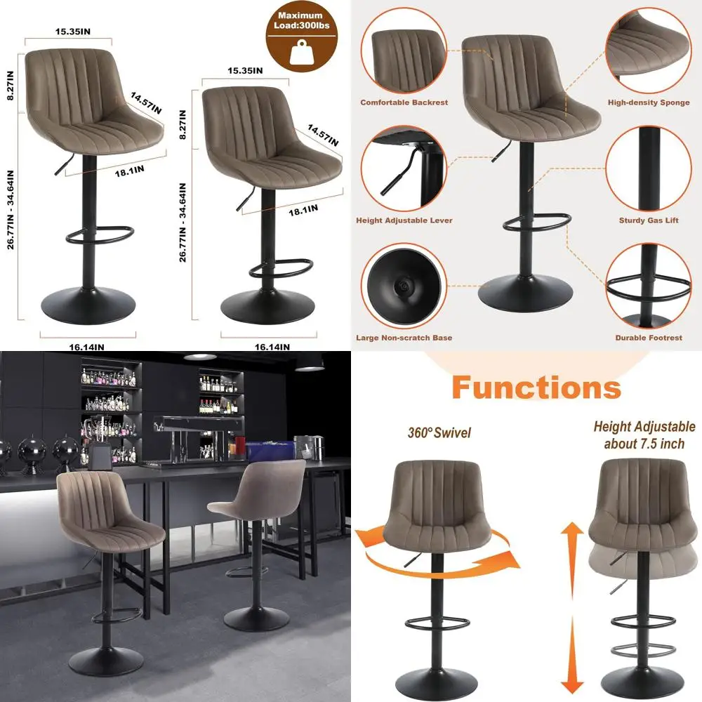 

Pair of Swivel Bar Stools, Adjustable Height, Faux Leather with Backrest, Modern Brown Kitchen Counter Stools