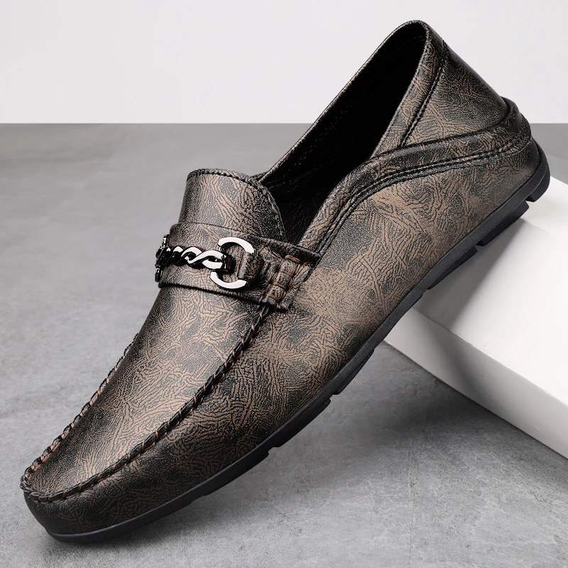 

Ultra-Light Breathable Loafers for Men – Genuine Leather, Soft Sole, Slip-On Flats with Metal Buckle, Comfy Male Driving Shoes