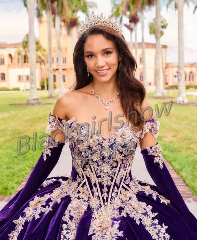 Purple luxury velvet 15 dress Elegant bustier Butterfly crystal applique Tight birthday party 15 Quinceanera Dresses 2024