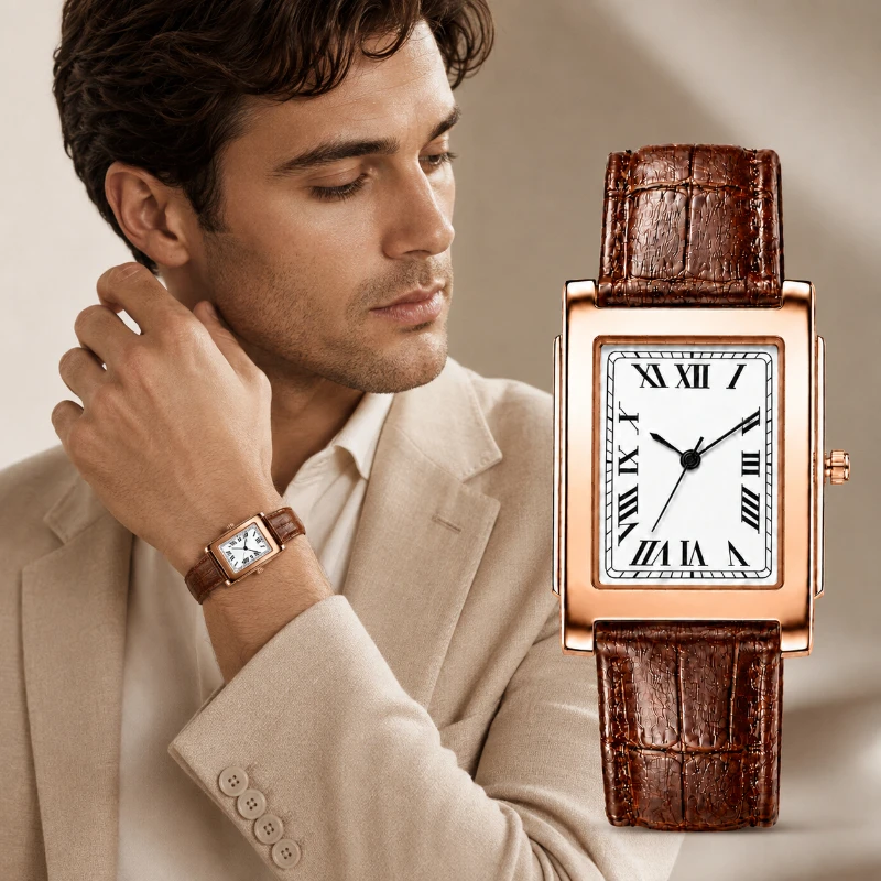 Smartwatch Square Watches For Men - นาฬิกาข้อมือควอตซ์แบบอนาล็อกสำหรับนักธุรกิจ ดีไซน์เรโทร หน้าปัดทรงสี่เหลี่ยมพร้อมตัวเลขโรมัน สายหนัง นาฬิกาแฟชั่นสำหรับผู้ชาย Reloj