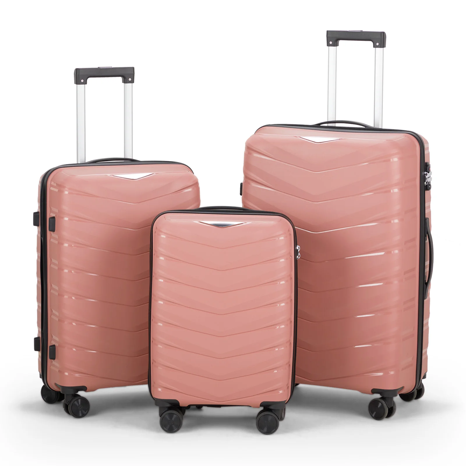 V-shaped stripes 3-in-1 PP trolley case 20in 24in 28in PP iron trolley fashionable color - rose gold (grain pattern)