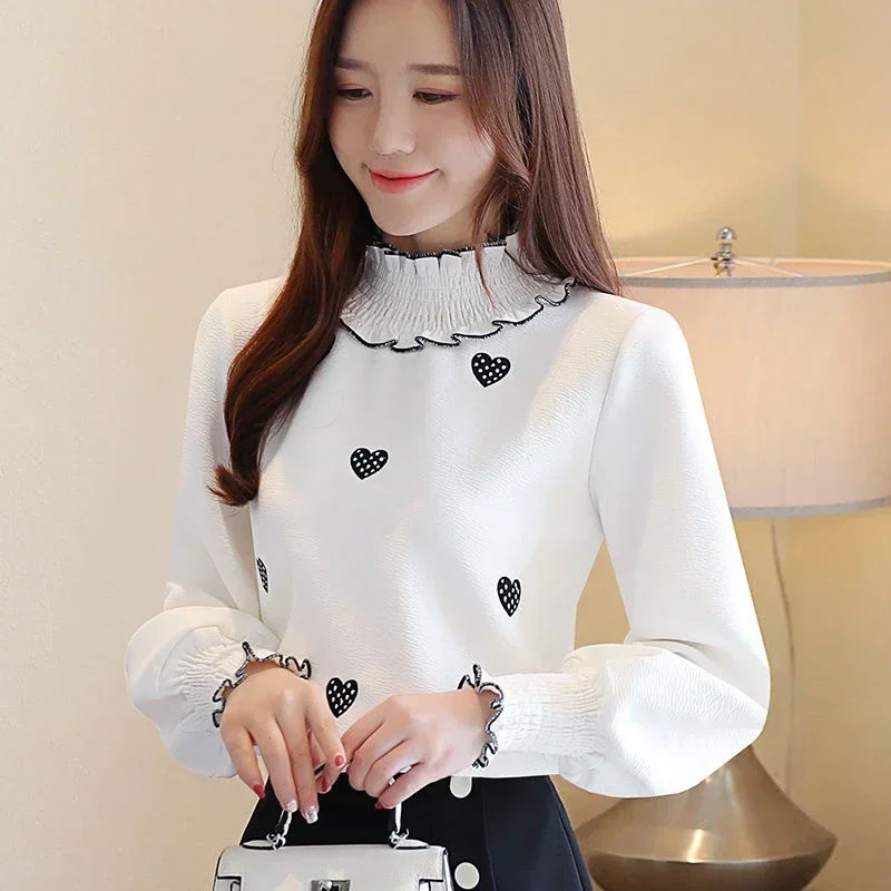 

Women Spring Autumn Style Blouses Shirts Lady Casual Long Sleeve Turtleneck Heart Embroidery Blusas Tops DF3140