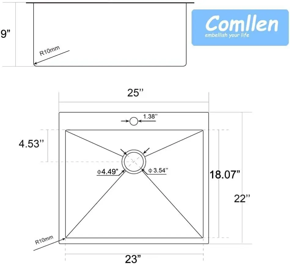Pia de cozinha preta embutida de 25 x 22 polegadas, aço inoxidável de calibre 16, 9 polegadas de profundidade com filtro de cesta