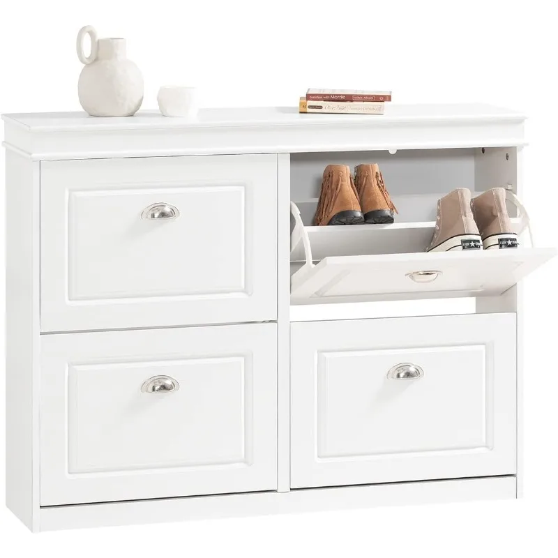 White Shoe Cabinet with 4 Flip Drawers, Large Freestanding Shoe Rack, Modern Shoe Organizer