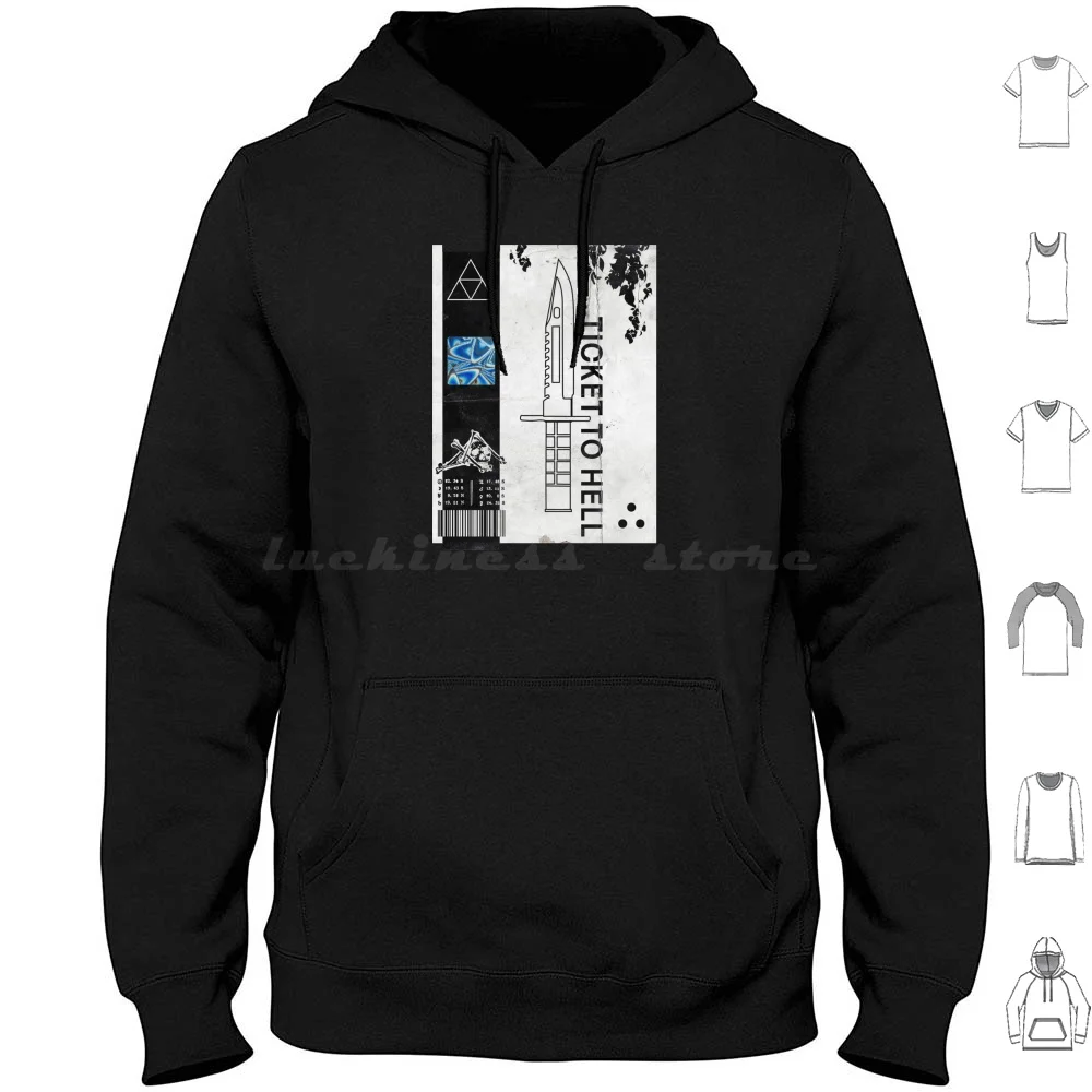 Ticket To Hell Hoodies Long Sleeve Csgo Bayonet M9 War Grunge Holo Retro Paper White Occult Warcult Esoterror Terrorwave