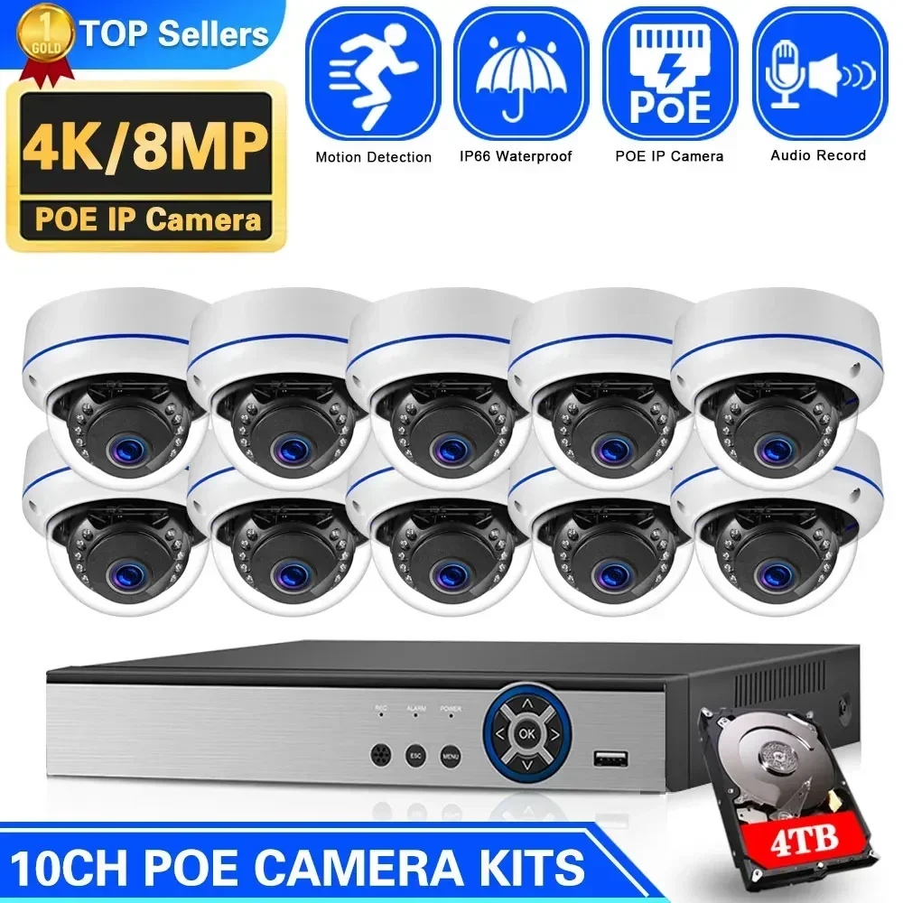 4K POE Dome Camera Video Surveillance System Kit 8CH Outdoor Waterproof IP Security Camera System Set Home 8MP 10CH POE NVR Kit