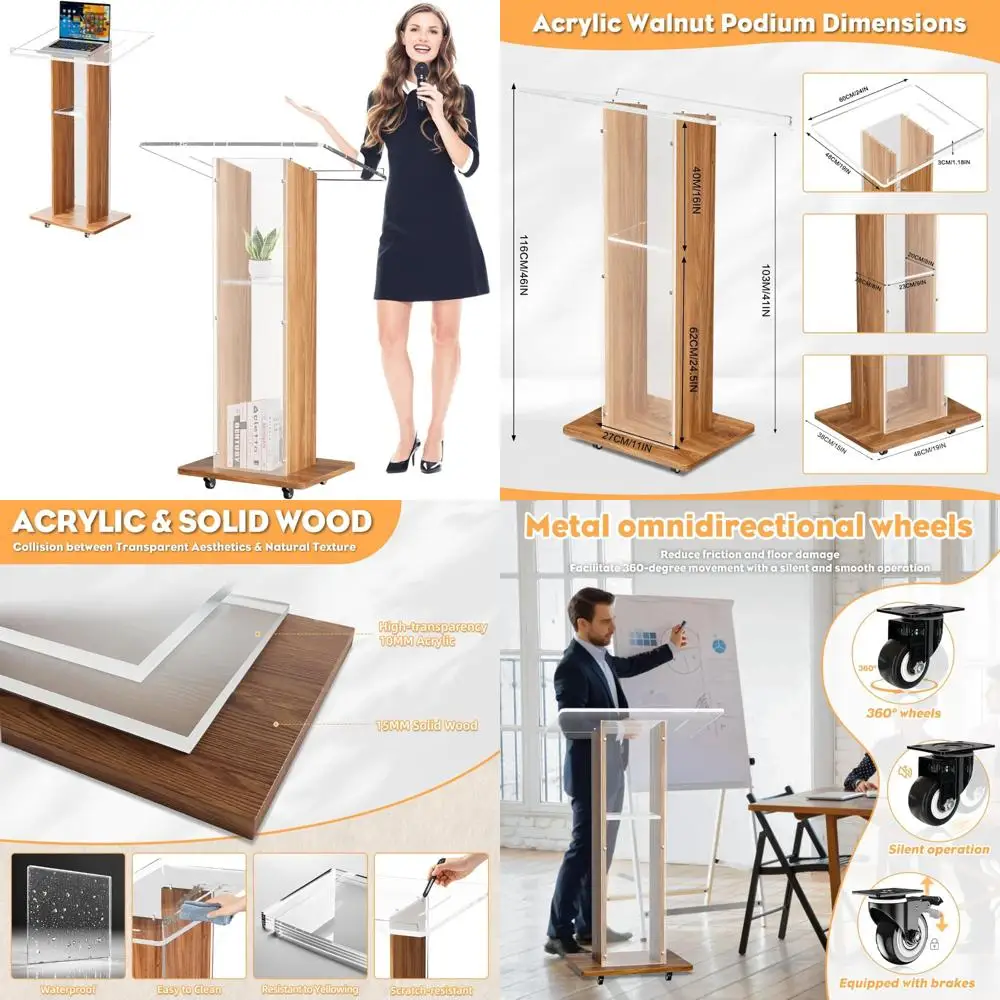 説教や講義用の木製フレームとロック可能な車輪付きのポータブルアクリル製教会説教壇