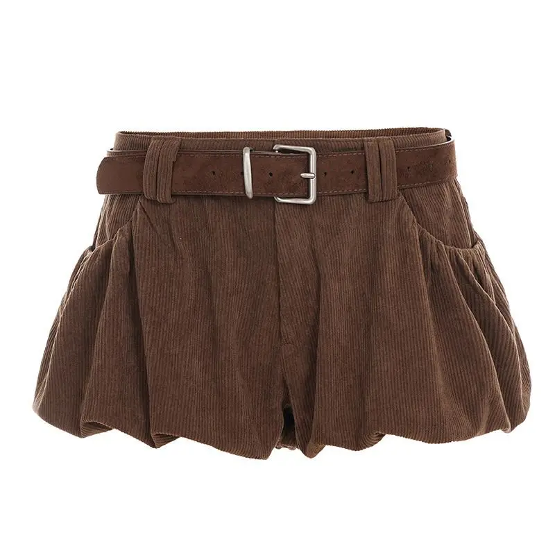 2026 Women's Plus Size American Vintage Corduroy Low Rise Bubble Shorts, Brown Button Fly Loose Versatile Casual Street Pants