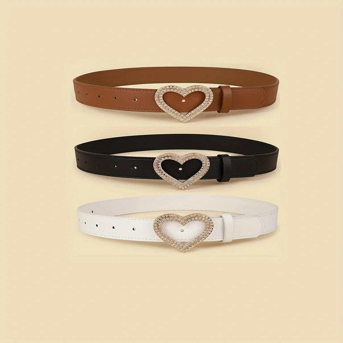 New Ladies Rhinestone Belt Golden Love Button High-grade PU Belt Jeans dress Decorative Belt