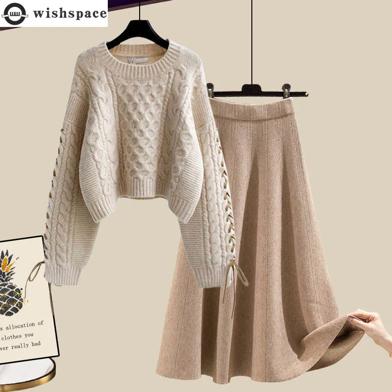 Set autunno e inverno Nuova edizione coreana da donna che riduce l\'età maglione ampio a vita alta mezza gonna di media lunghezza set da due pezzi