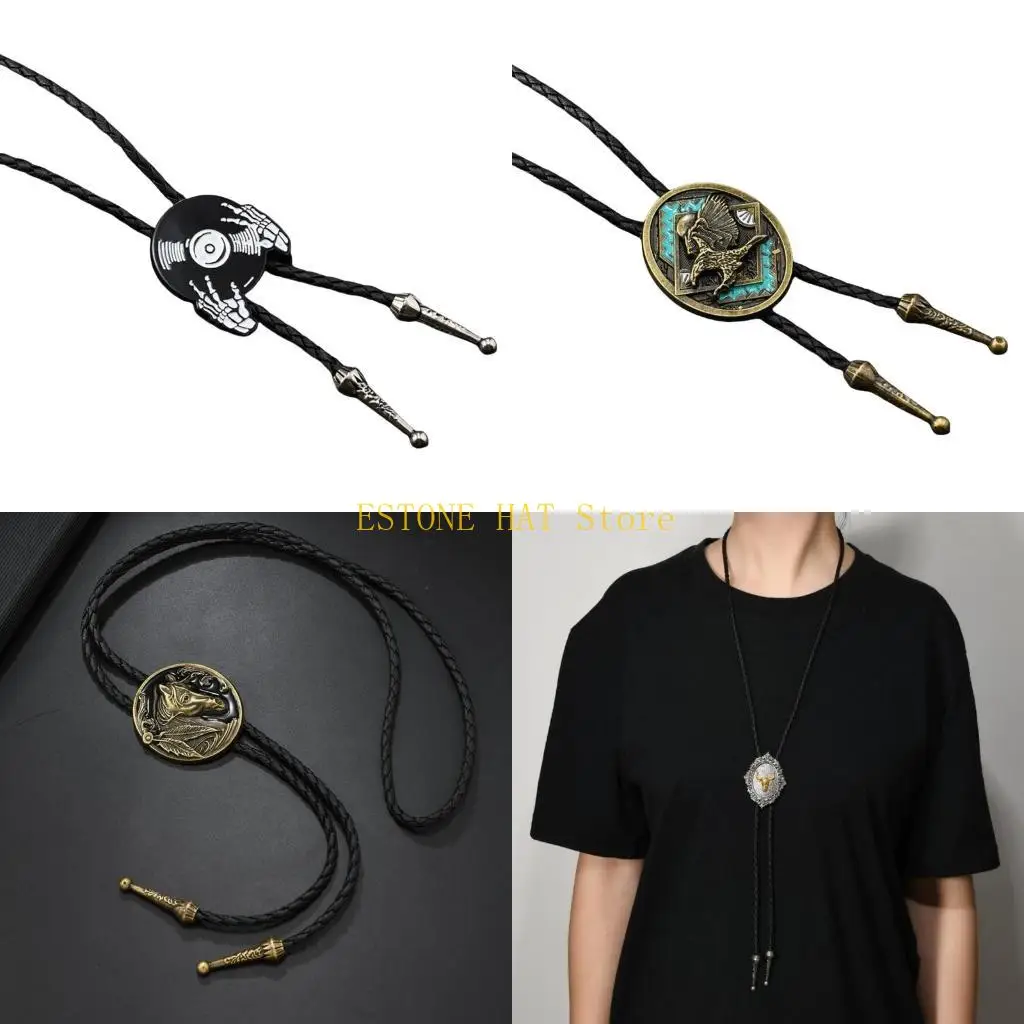 49MF Leather Bolo Tie Necktie with Enamel Metal Badge Pendant Western Necklace Chain
