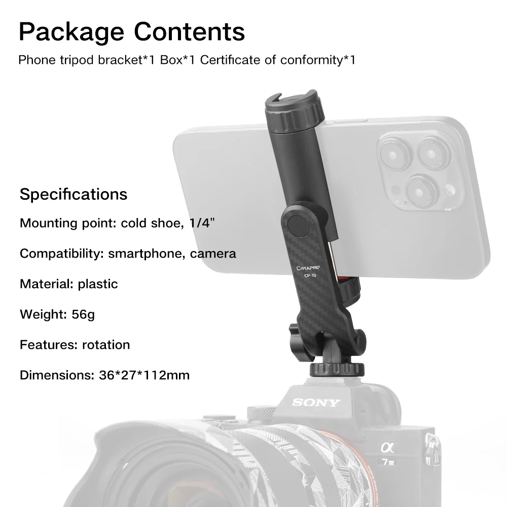 XILETU CP-10 supporto per telefono girevole a 360 ° supporto per treppiede per telefono a scatto verticale con morsetto per Clip per telefono a scarpa fredda Video Vlog