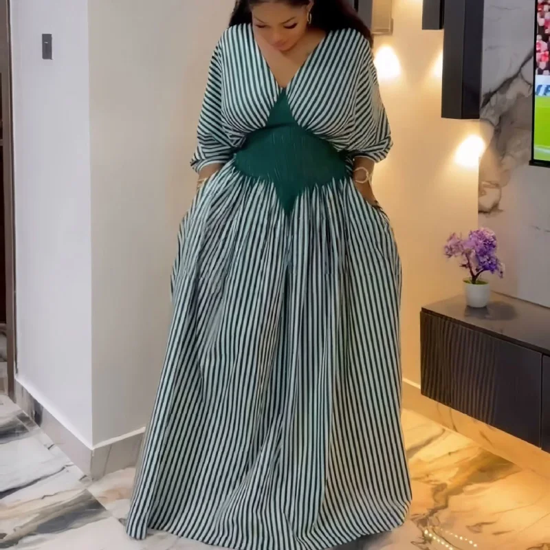 Neues afrikanisches Modekleid für Damen, langes Kleid mit Streifenmuster, Patchwork, schmaler Taille, A-Linie und großem Saum, langes Maxikleid