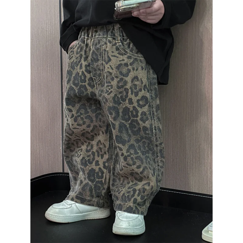 Leopard Jeans For Kids Boys Girls Cool Long Jeans Fashion 2024 Casual Street Style