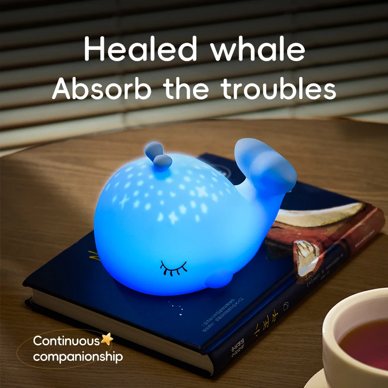 New creative starry sky whale silicone bedside lamp, USB rechargeable, soft light for eye protection, perfect gift for bedroom.