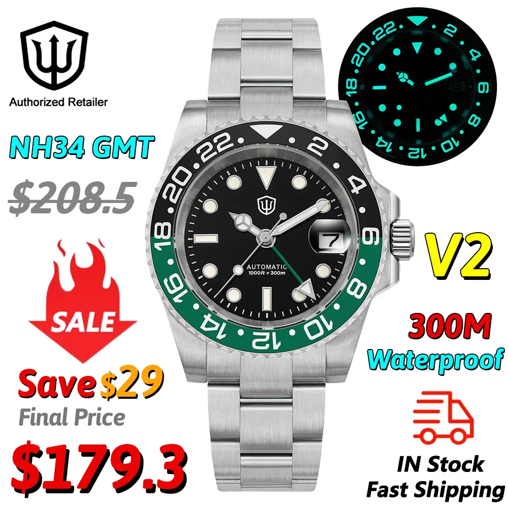 

Watchdives New WD16760 V2 Diver GMT Watch NH34 Automatic Mechanical Watch 30Bar Waterproof Sapphire Mirror BGW9 Luminous Watches