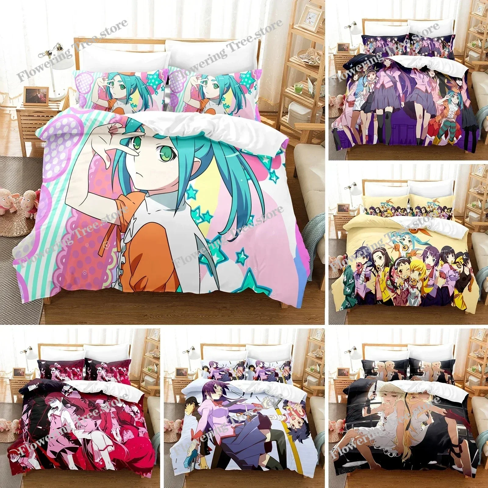 

3D Printed Monogatari Series Bedding Set Anime Araragi Koyomi Duvet Cover Double Twin Full Queen King Adult Kids Quilt Cover